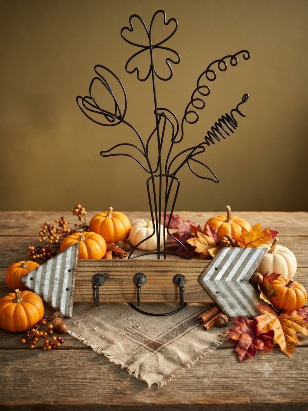 Handcrafted Rustic Wood and Metal Arrow Hook Rack - Black Wire Floral Accent